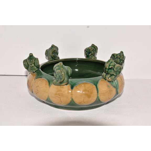 New 7.5" Oriental Elephants Sitting on top of a Green Reactive Glaze Bamboo Planter Bowl Plant