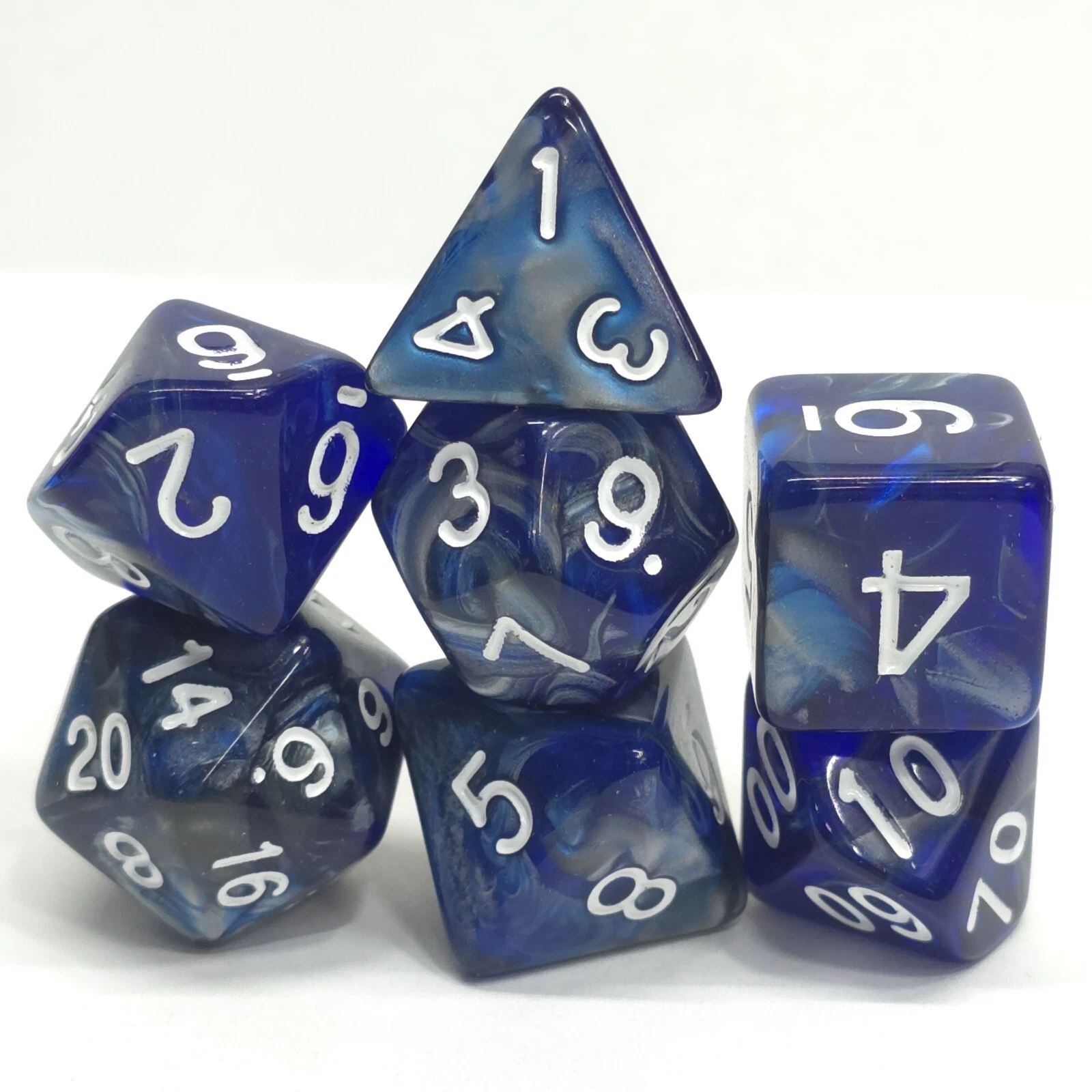 New 7 Piece Polyhedral Cold Iron Dice Set Silver Trans Blue W/ Dice Bag