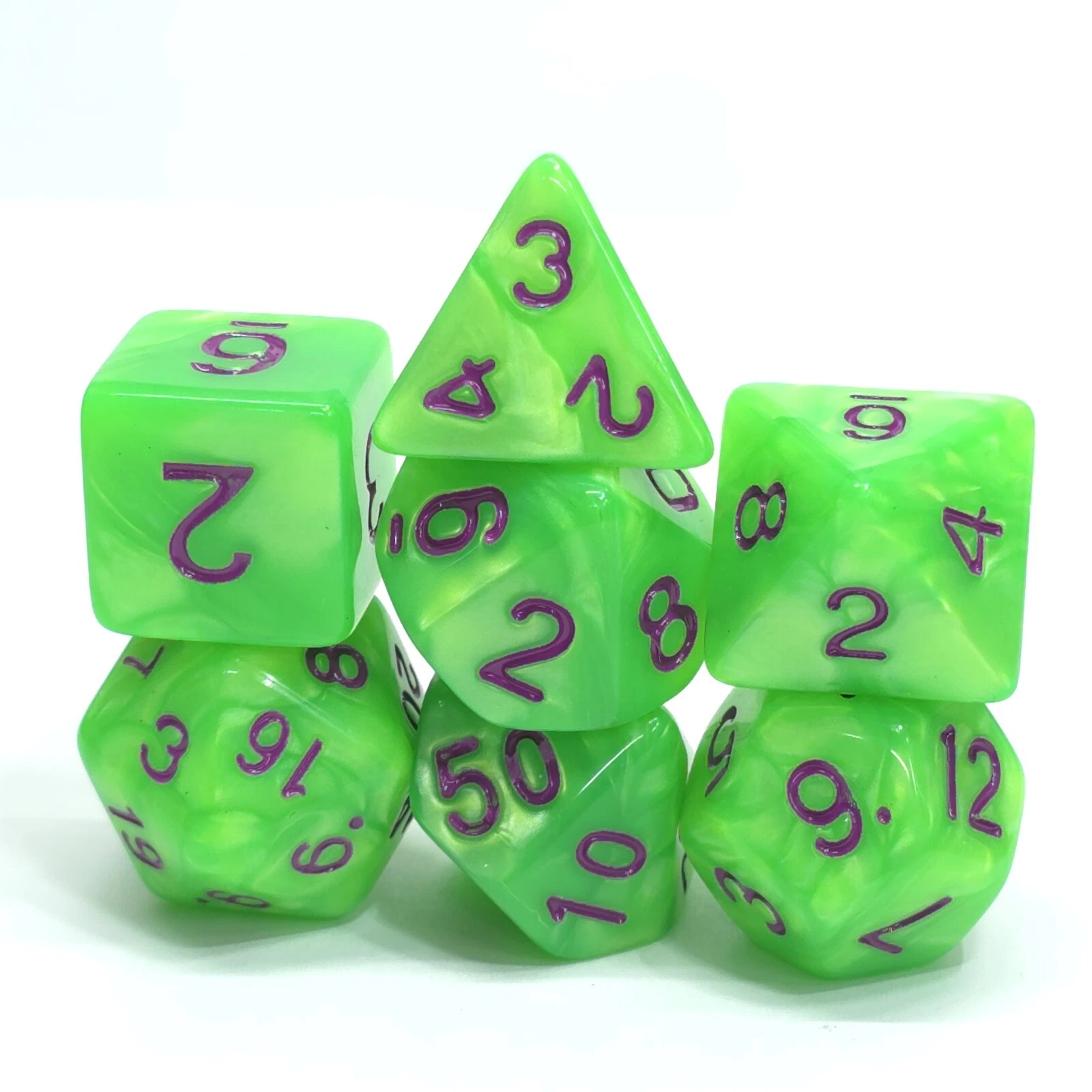 New 7 Piece Polyhedral Pearlescent Ooze Green Dice Set With Purple Numbers