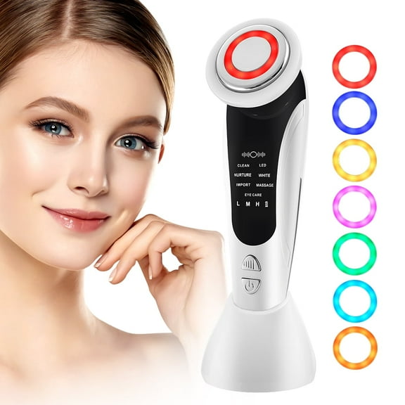 New 7 in 1 Facial Massager Beauty Device with Vibration & Warm Compress, Multifunctional Skin Care Tool with LED Light(White)