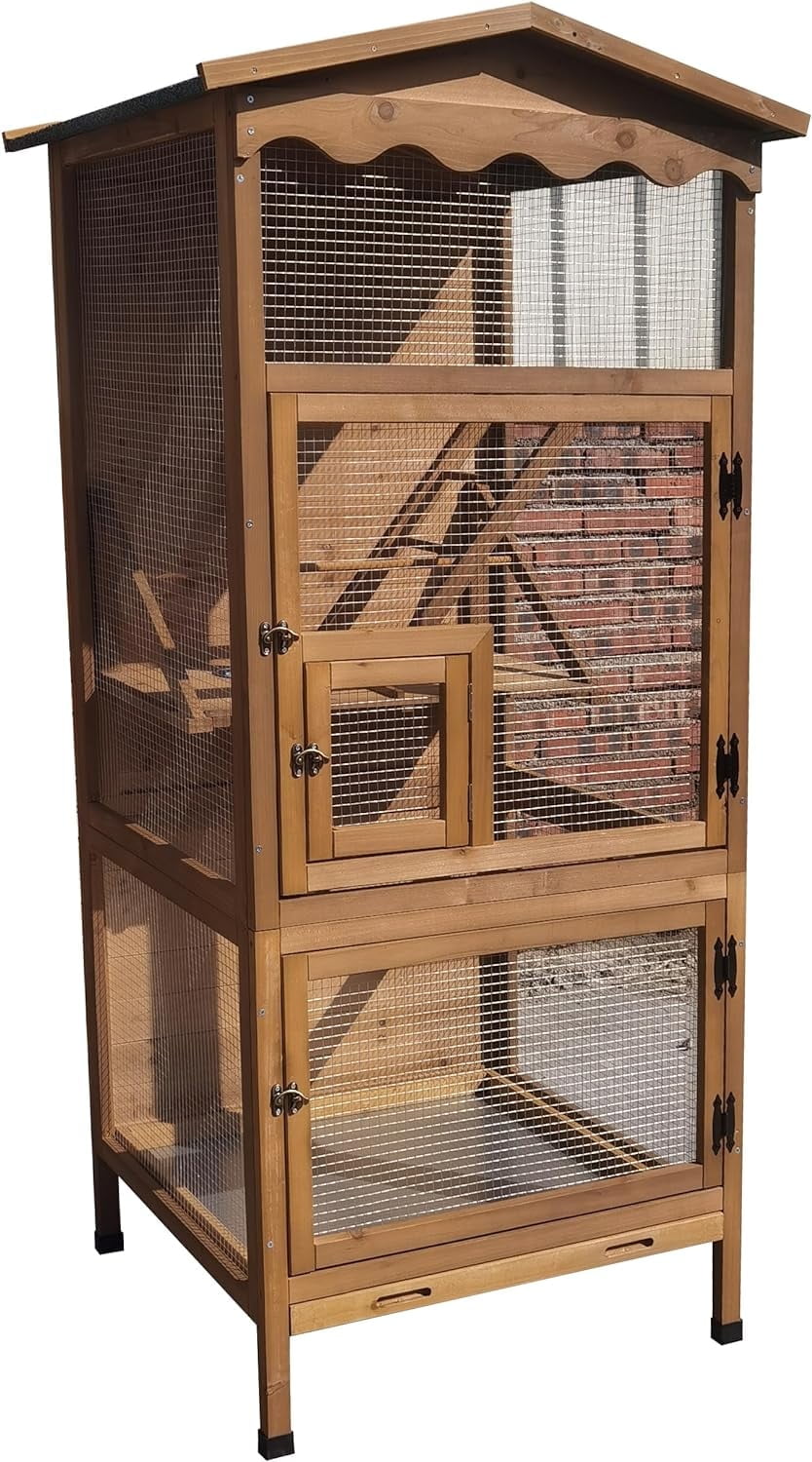 New 70 Large Outdoor Bird Aviary Weatherproof Wooden Indoor Bird Cage Easy Pull Out Clean Tray Asphalt Roof for Finches Doves Parrots Parakeets Canaries Cockatoos Lovebirds Pigeons