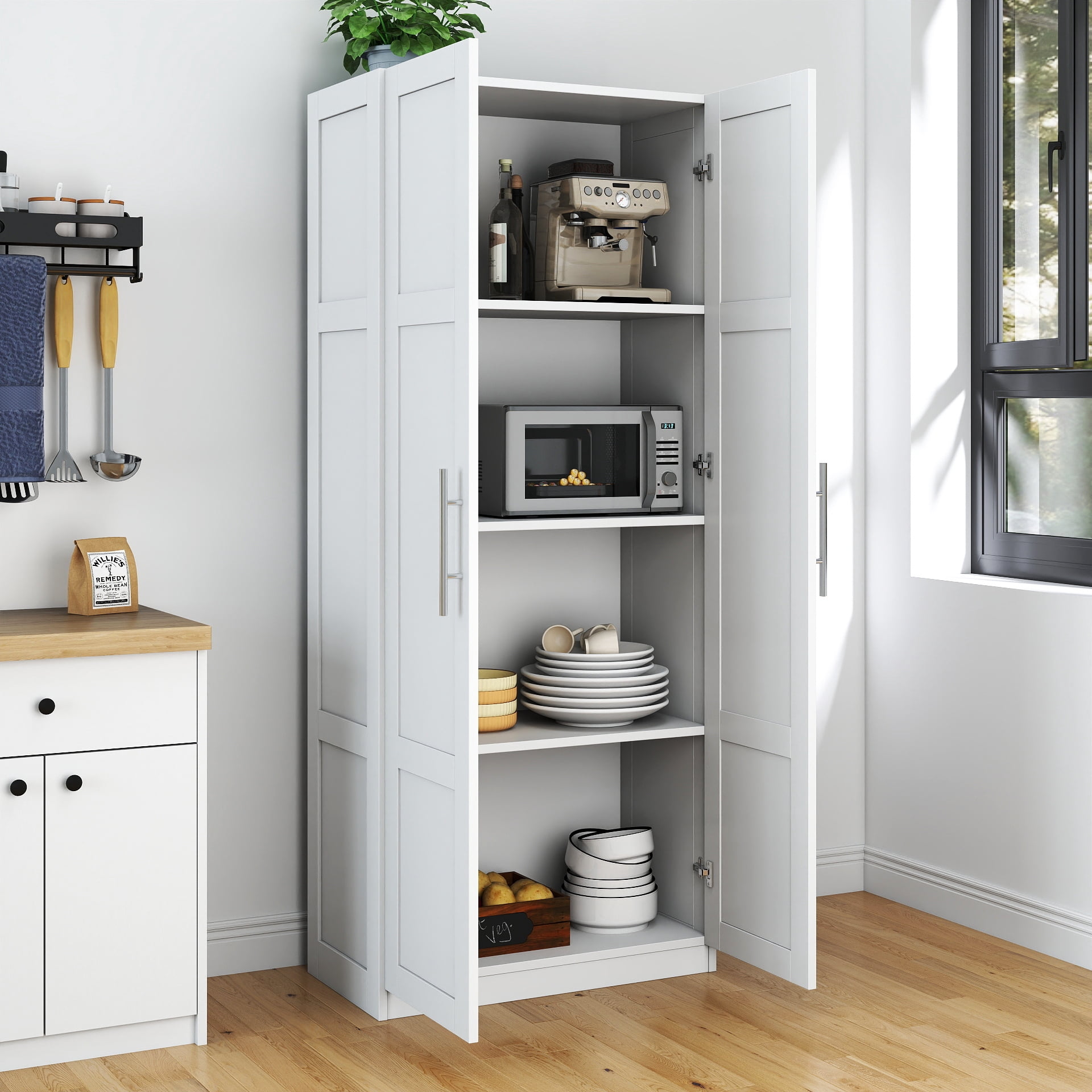 New 71 inch Pantry Cabinet, Kitchen Pantry Storage Cabinets with 2 Door and 3 Shelves, White Pantry Storage Cabinet, Cupboard for Kitchen, Dining Room and Living Room.
