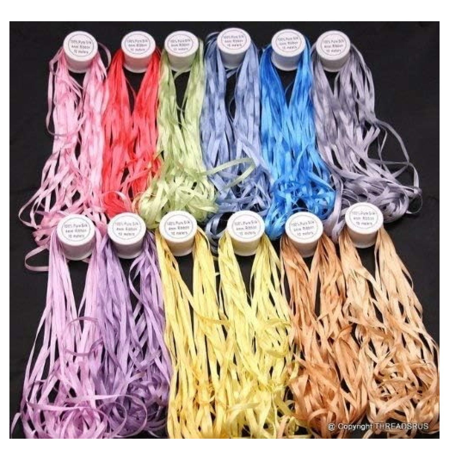 New 7mm Size 12 Spools of 100% Pure Silk Embroidery Ribbons - 7mm x 10 Meters