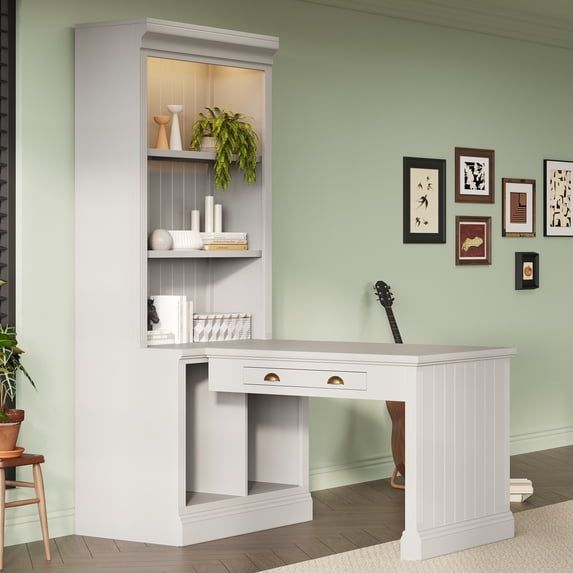 New 83.4"Tall Bookshelf with Writing Desk, Modern Bookcase with Study Desk, Workstation with Storage Shelf,Storage Bookcase with Open Shelves and LED Lighting for Living Room,Home Office,White