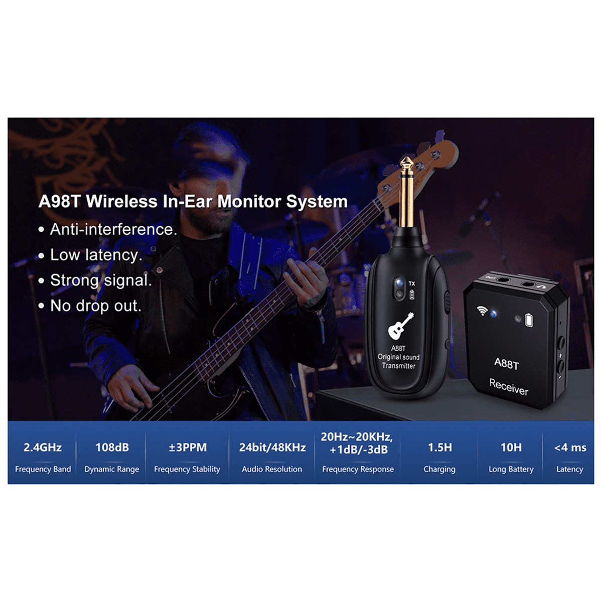 New A88T Wireless Guitar System Electric Guitar Pickup Audio Transmitter Receiver for Electric Guitar Bass Violin Guitar,1 x audio transmitter 1 x audio receiver 1 x Data cable,Black