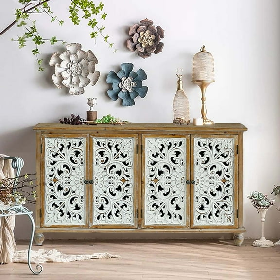 New Accent Cabinet With 4 Doors, Farmhouse Sideboard Buffet Cabinet With Storage, Modern Credenza Storage Cabinet With Wood Carved Floral Doors