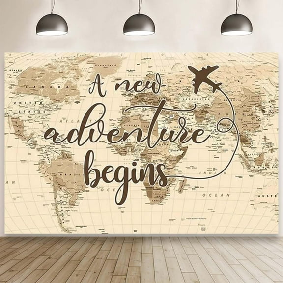 A New Adventure Begins Travel Cool Backdrop Vintage World Map Around World Airplane Birthday Bridal Shower Photography Backdrops Newborn Baby Shower Birthday Party Banner Decoration