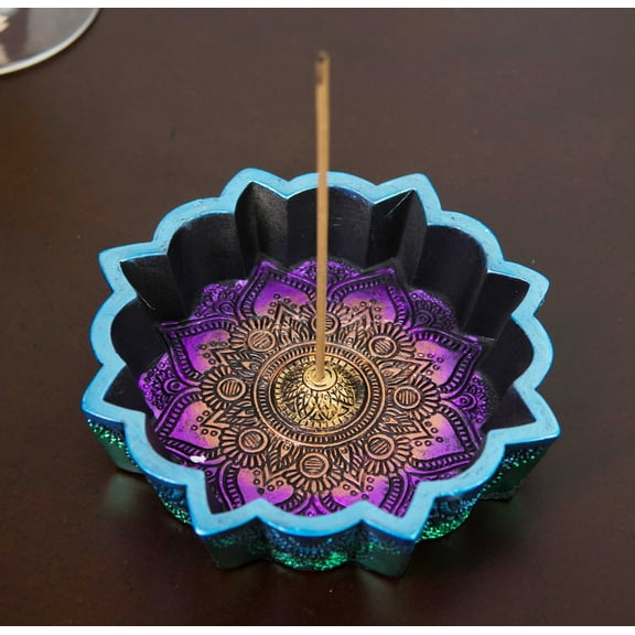 New Age Chakra Buddhist Mandala 8 Spokes Wheel Flower Incense Burner Figurine