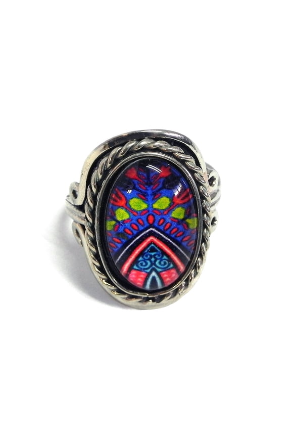 New Age Geometric Pattern Graphic Small Oval Acrylic Cabochon Silver Metal Border Adjustable Ring - Womens Fashion Handmade Jewelry Boho Accessories