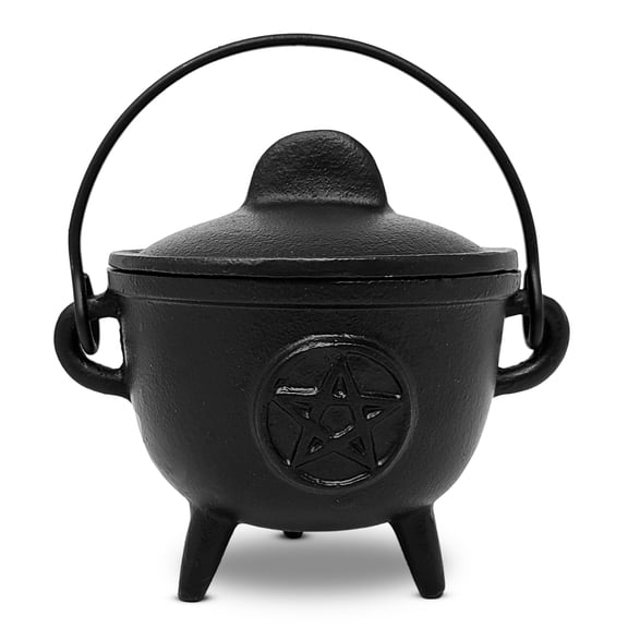 New Age Imports, Inc. Pentagram Cast Iron Cauldron w/Handle & lid, Ideal for smudging, Incense Burning, Ritual Purpose, Decoration, Halloween Decoration, Candle Holder, etc. (Pentagram - BR95)