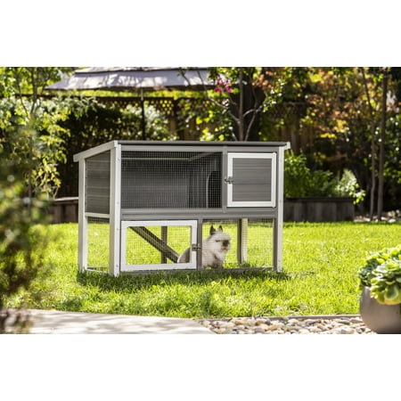 New Age Pet® ECOFLEX® Columbia Rabbit Hutch, Grey, Dual-Level with Denning Space, Easy Assembly, Moisture & Odor Resistant, with NeveRust Stainless Steel Wire - Ideal Indoor/Outdoor Bunny Habitat