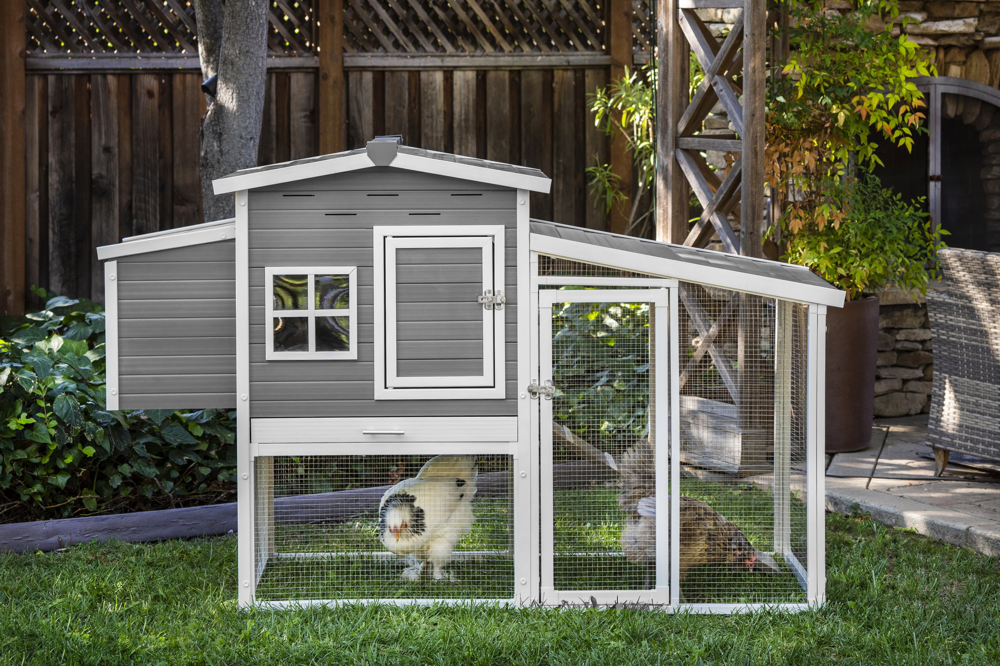 Gray and White ECOFLEX Chicken Coop with Pen and Nesting Box