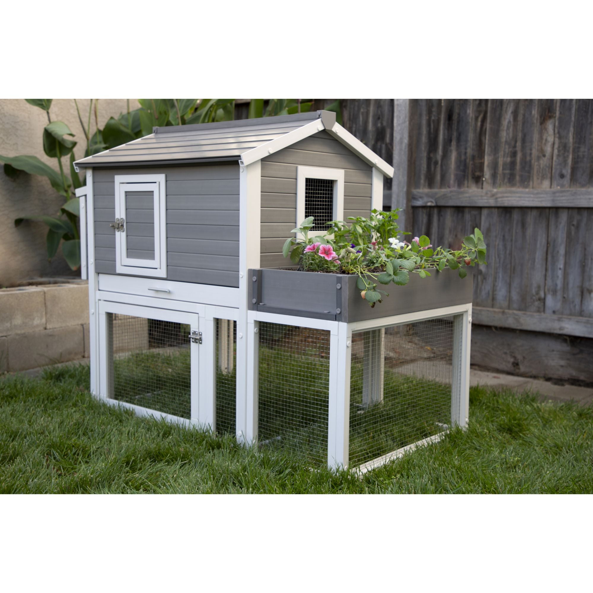 Eco-Friendly Gray and White Two-Level Chicken Coop with Garden Box