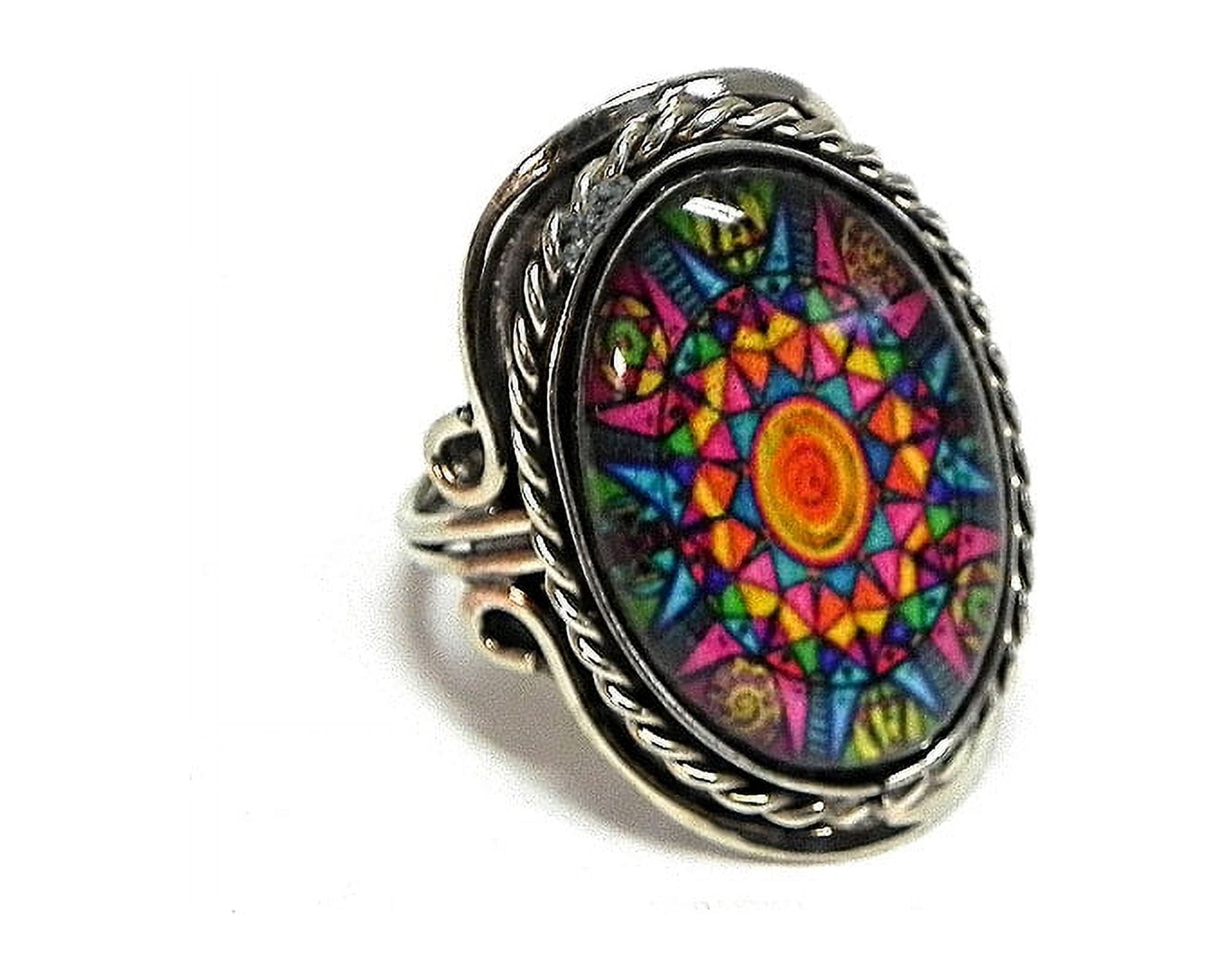 New Age Psychedelic Mandala Graphic Oval Acrylic Cabochon Silver