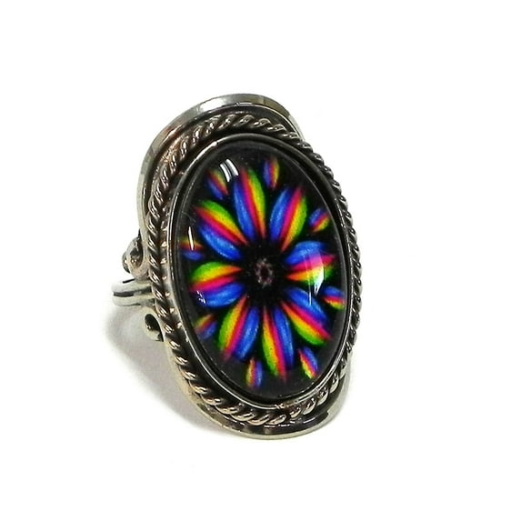 New Age Psychedelic Mandala Graphic Oval Acrylic Cabochon Silver Metal Border Adjustable Ring - Womens Fashion Handmade Jewelry Boho Accessories