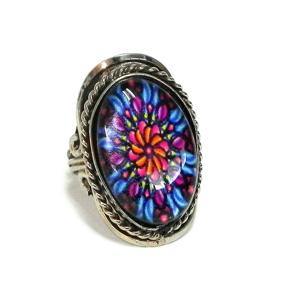 New Age Psychedelic Mandala Graphic Oval Acrylic Cabochon Silver Metal Border Adjustable Ring - Womens Fashion Handmade Jewelry Boho Accessories