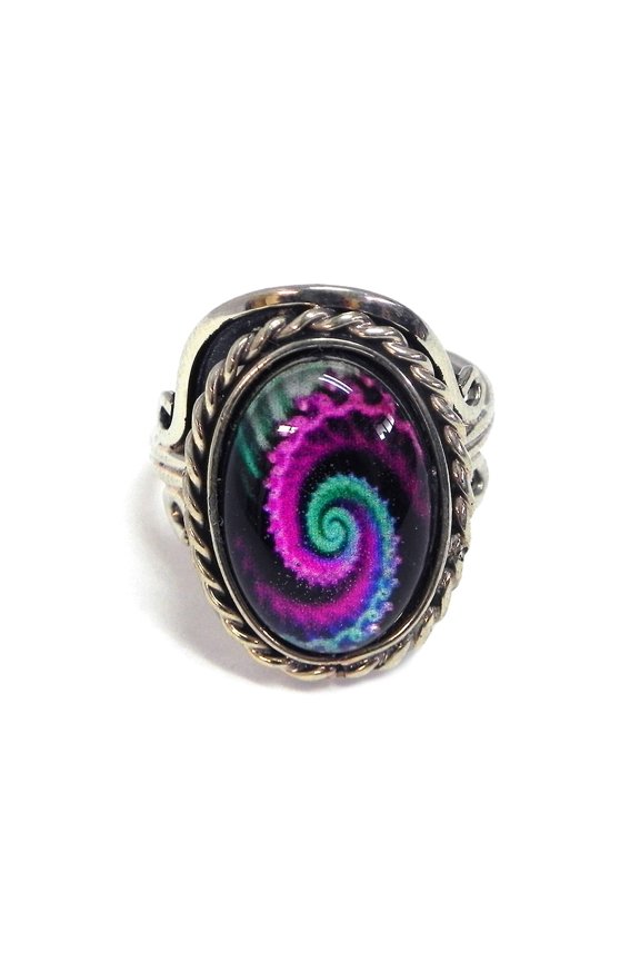 New Age Psychedelic Spiral Graphic Small Oval Acrylic Cabochon Silver Metal Border Adjustable Ring - Womens Fashion Handmade Jewelry Boho Accessories