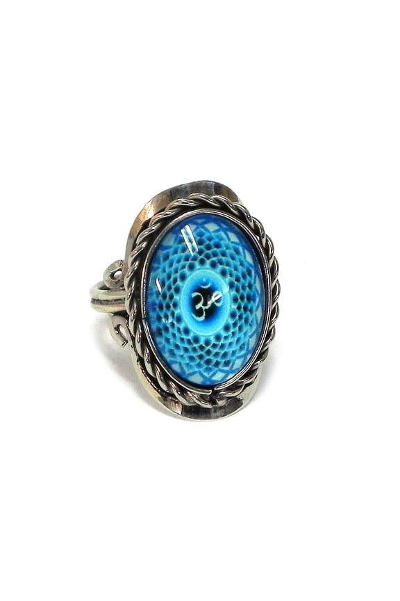 New Age Spiritual Om Sign Graphic Small Oval Acrylic Cabochon Silver Metal Border Adjustable Ring - Womens Fashion Handmade Jewelry Boho Accessories