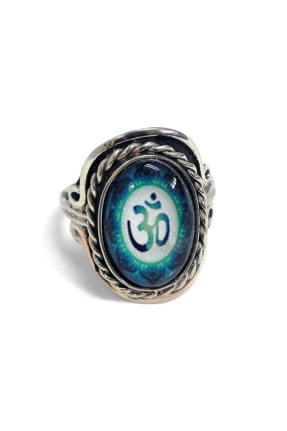 New Age Spiritual Om Sign Graphic Small Oval Acrylic Cabochon Silver Metal Border Adjustable Ring - Womens Fashion Handmade Jewelry Boho Accessories