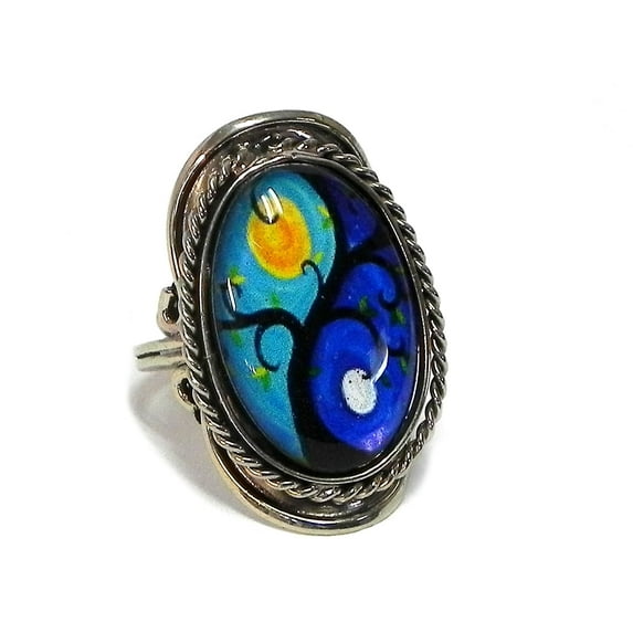 New Age Spiritual Tree of Life Graphic Oval Acrylic Cabochon Silver Metal Border Adjustable Ring - Womens Fashion Handmade Jewelry Boho Accessories