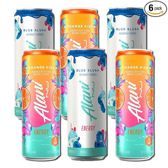 New Alani Energy Drink Orange Kiss, Blue Slush Sugar-Free, 12 fl oz Low-Calorie Energy Boost Drinks (Pack of 6)