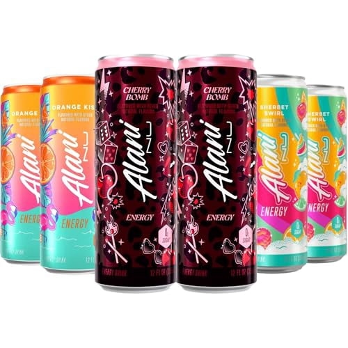 New Alani Energy Drinks Cherry Bomb, Sherbet Swirl, Orange Kiss Variety Pack Sugar-Free, Low-Calorie, 200mg Caffeine, Energy Boost Drink 12 fl oz (Pack of 6)