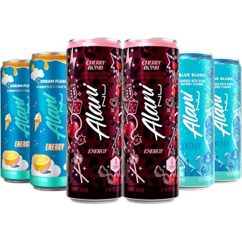 New Alani Energy Drinks Cherry bomb, Dream Float, Blue Slush - Limited Edition Flavors - Variety Pack, Sugar-Free, Low-Calorie, 200mg Caffeine, Energy Boost Drink 12 fl oz (Pack of 6)