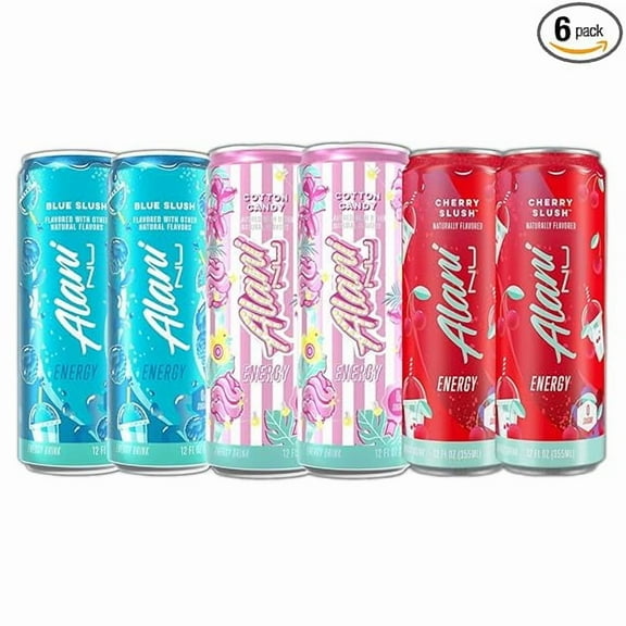 New Alani Energy Drinks Cotton Candy, Cherry Slush, Blue Slush Flavors Variety Pack Sugar-Free, Low-Calorie, 200mg Caffeine, Energy Boost Drink 12 fl oz (Pack of 6)