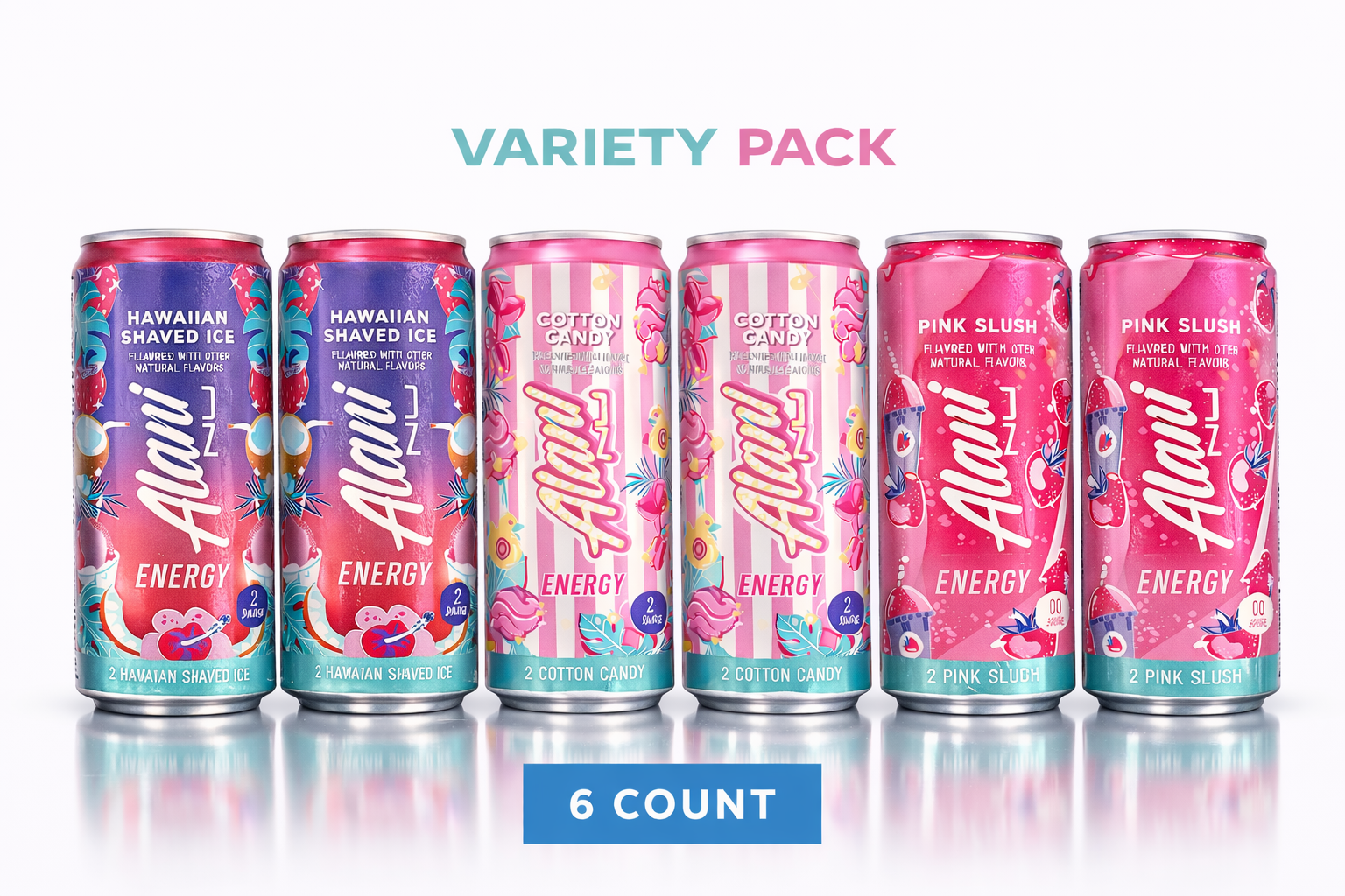New Alani Energy Drinks Cotton Candy, Hawaian Shaved Ice, Pink Slush Variety Pack Sugar-Free, Low-Calorie, 200mg Caffeine, Energy Boost Drink 12 fl oz (Pack of 6)