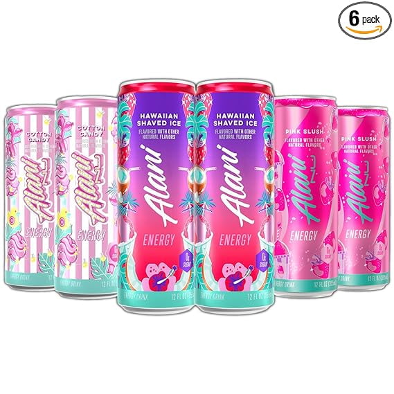 New Alani Energy Drinks Cotton Candy, Hawaian Shaved Ice, Pink Slush Variety Pack Sugar-Free, Low-Calorie, 200mg Caffeine, Energy Boost Drink 12 fl oz (Pack of 6)