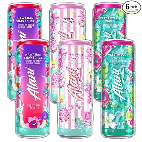 New Alani Energy Drinks Cotton Candy, Watermelon Wave, Hawaian Shaved Ice Variety Pack Sugar-Free, Low-Calorie, 200mg Caffeine, Energy Boost Drink 12 fl oz (Pack of 6)