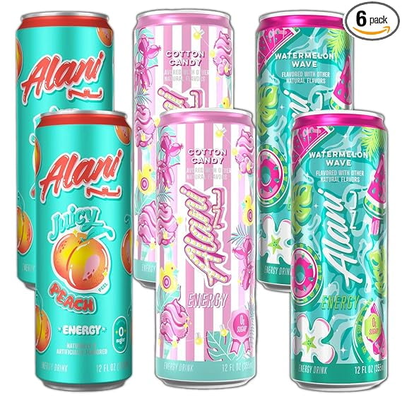 New Alani Energy Drinks Cotton Candy, Watermelon Wave, Juicy Peach Variety Pack Sugar-Free, Low-Calorie, 200mg Caffeine, Energy Boost Drink 12 fl oz (Pack of 6)