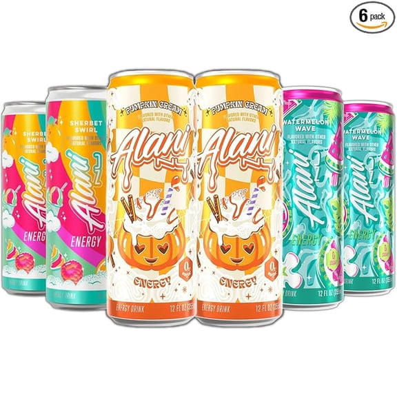 New Alani Energy Drinks Pumkin Cream, Sherbet Swirl, Watermelon Wave Variety Pack, Sugar-Free, Low-Calorie, 200mg Caffeine, Energy Boost Drink 12 fl oz (Pack of 6)