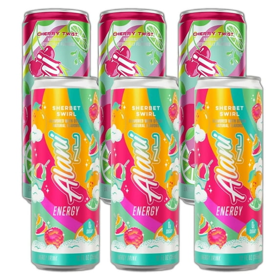 New Alani Energy Drinks Sherbet Swirl, Cherry Twist Flavors Variety Pack Sugar-Free, Low-Calorie, 200mg Caffeine, Energy Boost Drink 12 fl oz (Pack of 6)