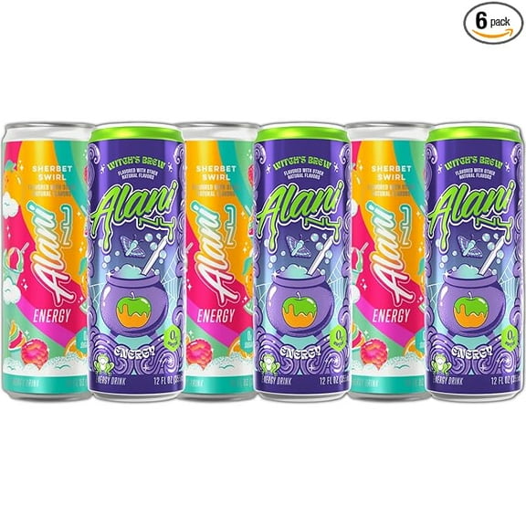 New Alani Energy Drinks Sherbet Swirl, Witch's Brew Variety Pack Sugar-Free, Low-Calorie, 200mg Caffeine, Energy Boost Drink 12 fl oz (Pack of 6) Repackaged By PickNGo Market