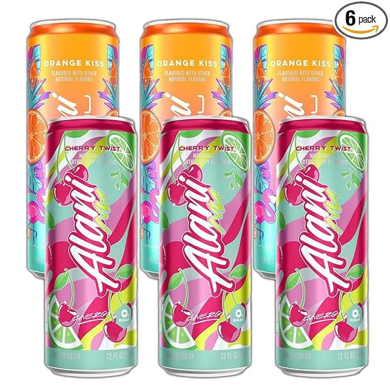 New Alani Energy Drinks Variety Cherry Twist, Orange Kiss Zero Suger, Low - Calorie, Energy Boost Drinks 12 oz (6 Pack)