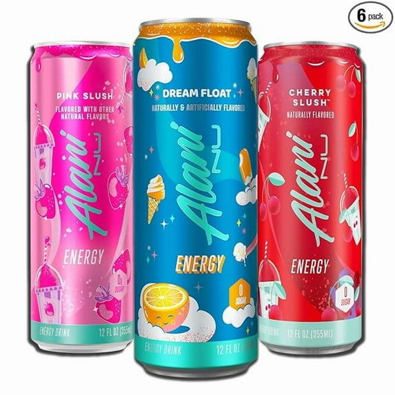 New Alani Energy Drinks Variety Pack - Pink Slush, Dream Float, and Cherry Slush Flavors, 12 fl oz (Pack OF 6)