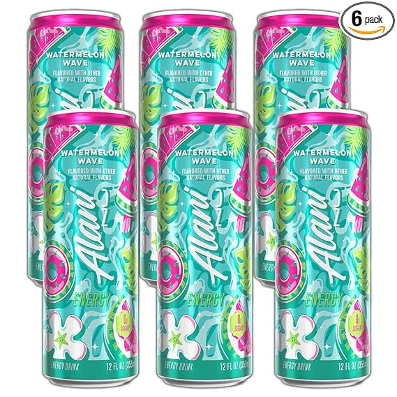 New Alani Energy Drinks Watermelon Wave Zero Suger, Low - Calorie, 200mg Caffiene, Energy Boost Drinks 12 oz (6 Pack)
