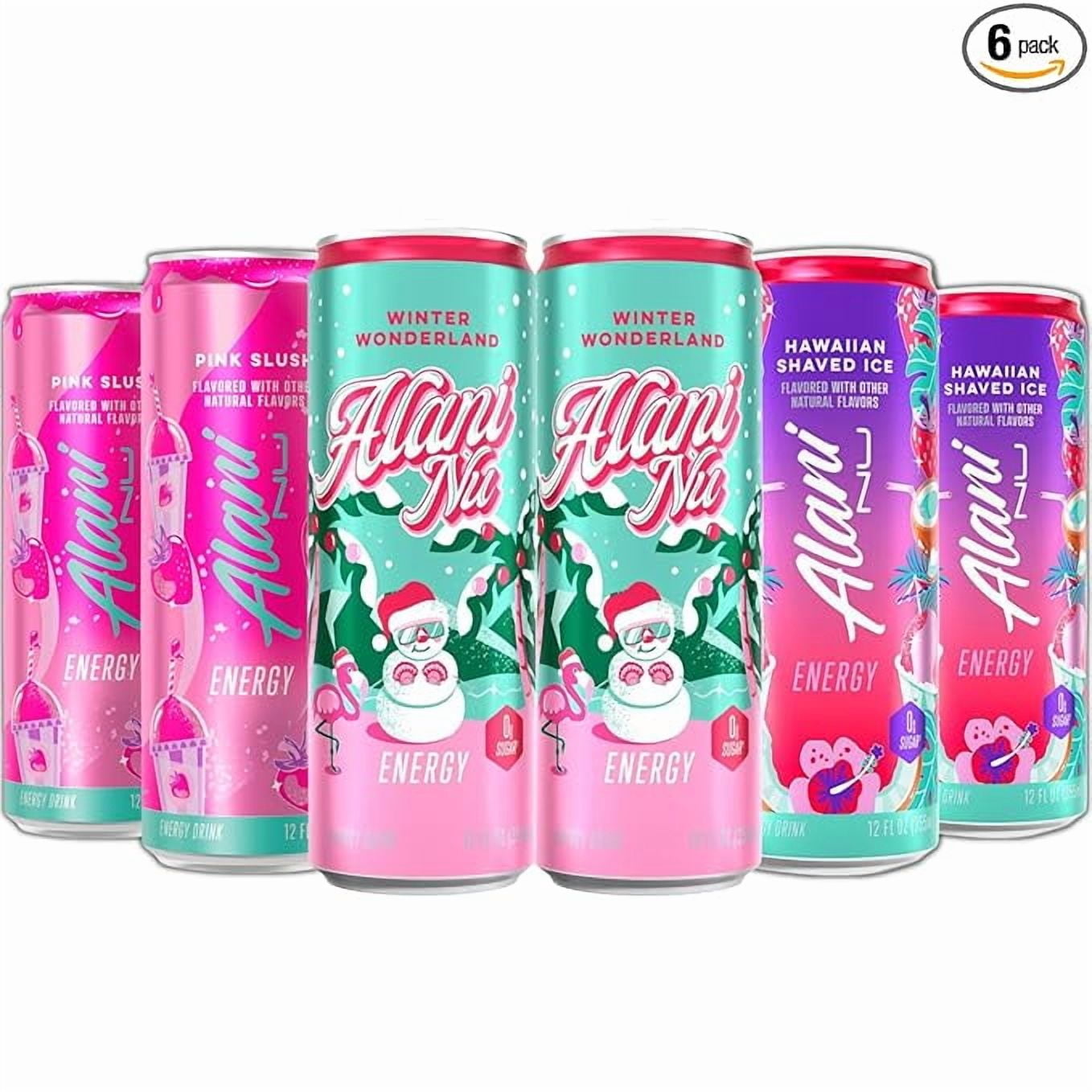 New Alani Energy Drinks Winter Wonderland, Hawaian Shaved Ice, Pink Slush Variety Pack Sugar-Free, Low-Calorie, Energy Boost Drink 12 fl oz (Pack of 6)
