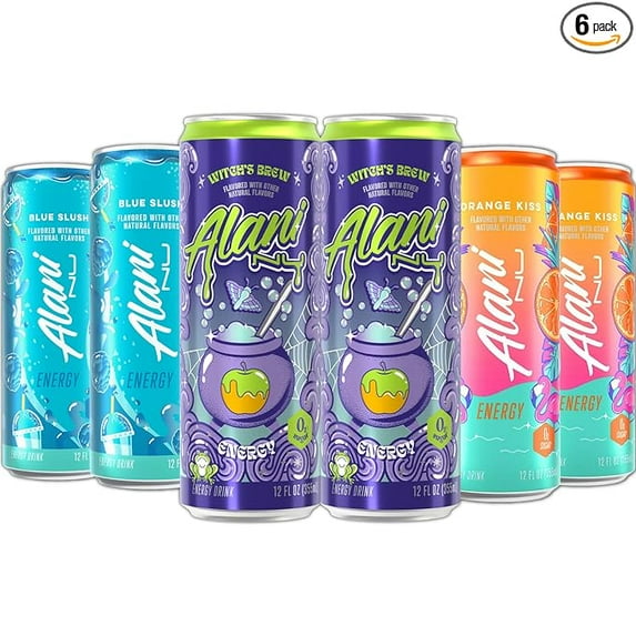 New Alani Energy Drinks Witch's Brew, Blue Slush, Orange Kiss Variety Pack, Sugar-Free, Low-Calorie, 200mg Caffeine, Energy Boost Drink 12 fl oz (Pack of 6)
