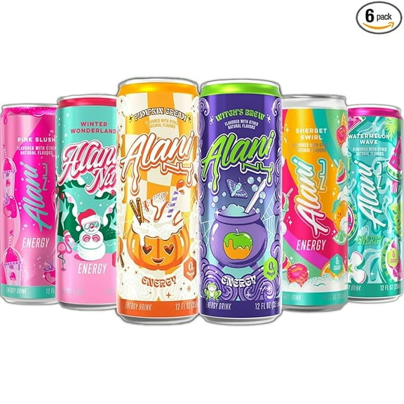 New Alani Energy Drinks Witches Brew, Pumkin Cream, Winter Wonderland, Sherbet Swirl, Watermelon Wave, Pink Slush Variety Pack Sugar-Free, Low-Calorie, Energy Boost Drink 12 fl oz (Pack of 6)