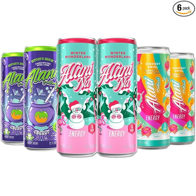 New Alani Energy Drinks Witches Brew, Winter Wonderland, Sherbet Swirl Variety Pack Sugar-Free, Low-Calorie, Energy Boost Drink 12 fl oz (Pack of 6) Repackaged By * Repackaged By PickNGo Market*