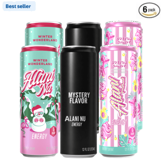 Alani Nu Energy Drink Variety Pack, 6-Pack Assortment, Winter Wonderland, Cotton Candy & Mystery Flavor, Zero Sugar Energy Drinks, 12 fl oz Cans