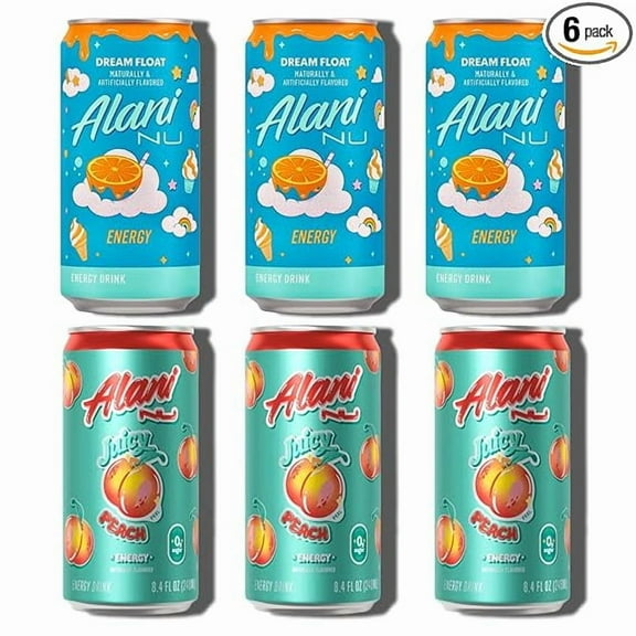 New Alani Mini Energy Drinks Juicy Peach, Dream Float Variety Pack, Sugar Free, Low Calorie, 100 mg Caffine, Energy Boost Drinks 8.4oz Cans (6 pack)