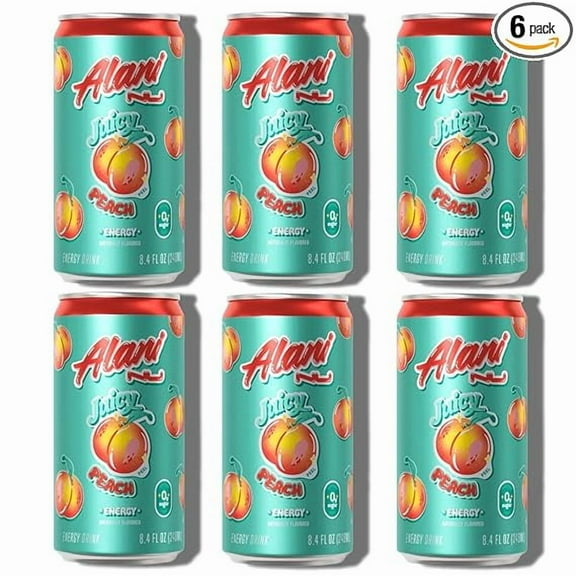 New Alani Mini Energy Drinks, Juicy Peach Flavor, Sugar Free, Low Calorie, 100 mg Caffine, Energy Boost Drinks 8.4oz Cans (6 pack)