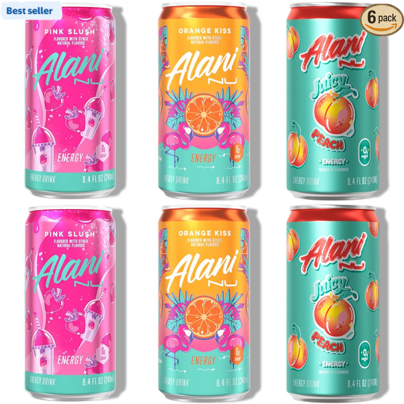New Alani Mini Energy Drinks, Pink Slush, Orange Kiss, Juicy Peach Flavors Variety Pack, Sugar-Free, Low-Calorie, Energy Boost Drink 8.4 fl oz (Pack of 6) (Packaging May Vary)