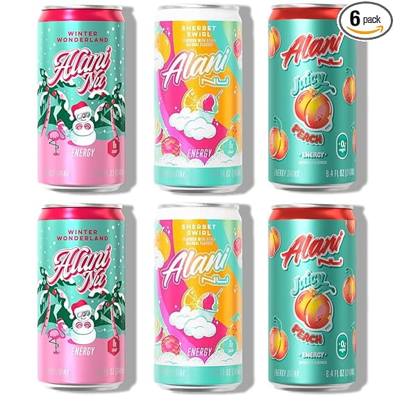 New Alani Mini Energy Drinks, Winter Wonderland, Sherbet Swirl, Juicy Peach Flavors Variety Pack, Sugar-Free, Low-Calorie, Energy Boost Drink 8.4 fl oz (Pack of 6) (Packaging May Vary)