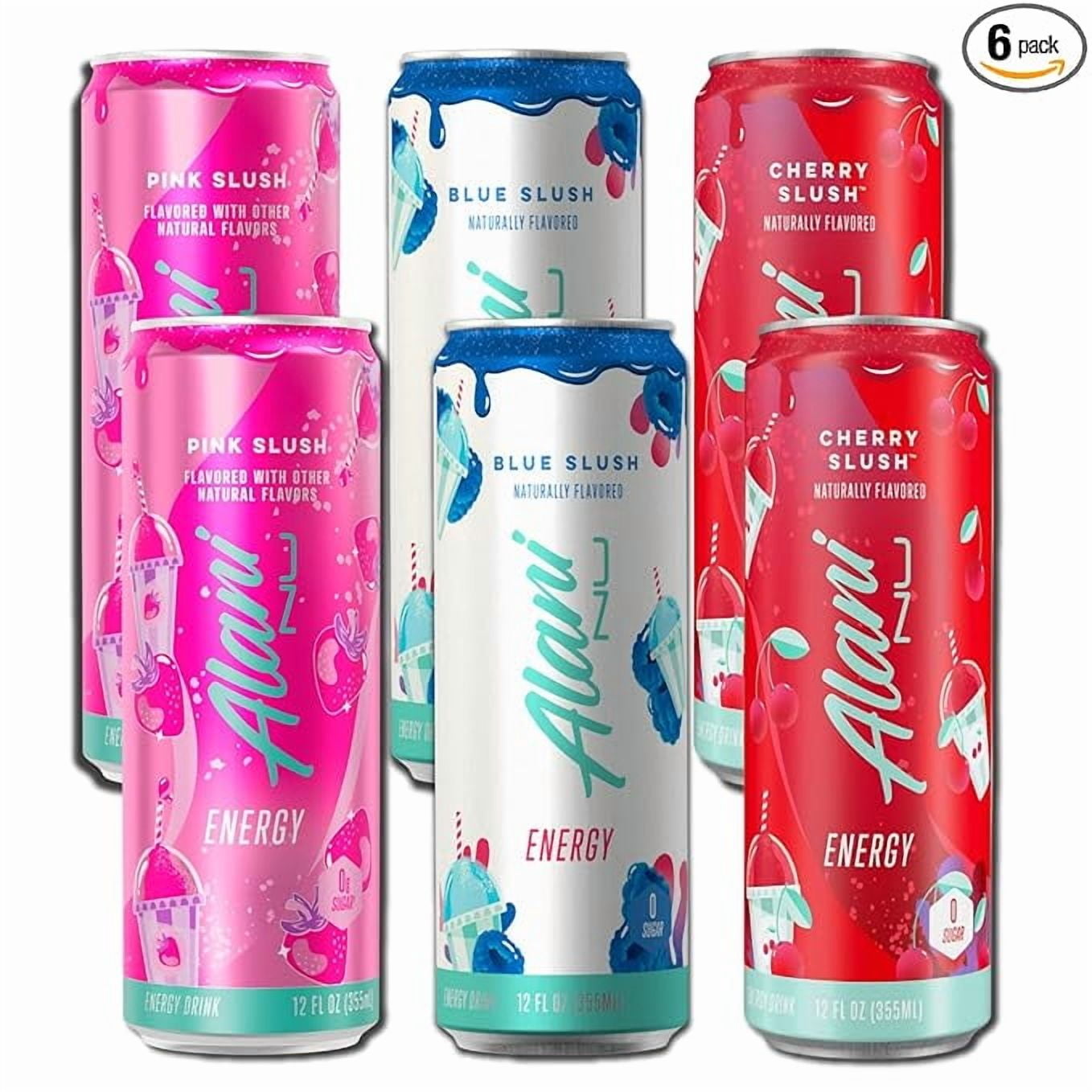 New Alani Sugar Free Energy Drink Cherry Slush, Blue Slush, Pink Slush Flavor 12 fl oz Low-Calorie Energy Boost Drinks (Pack of 6)