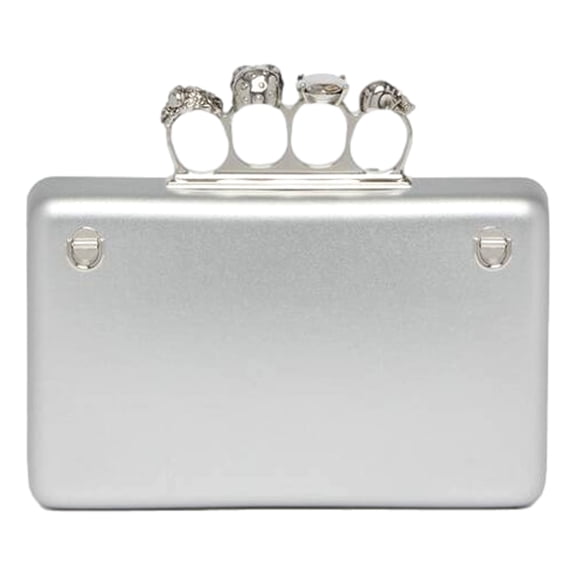 New Alexander McQueen Knuckle Skull Crossbody Bag Metallic Silver Leather
