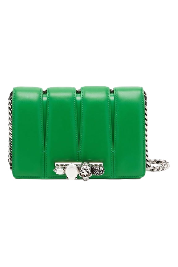 New Alexander McQueen Slash Skull Ring Clutch Bag Bright Green Leather